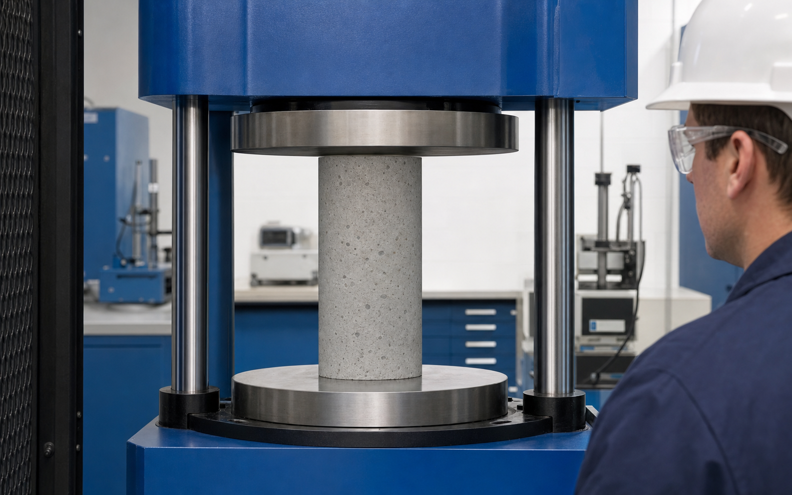 Standard 6-by-12-inch concrete cylinder in a laboratory compression-testing machine